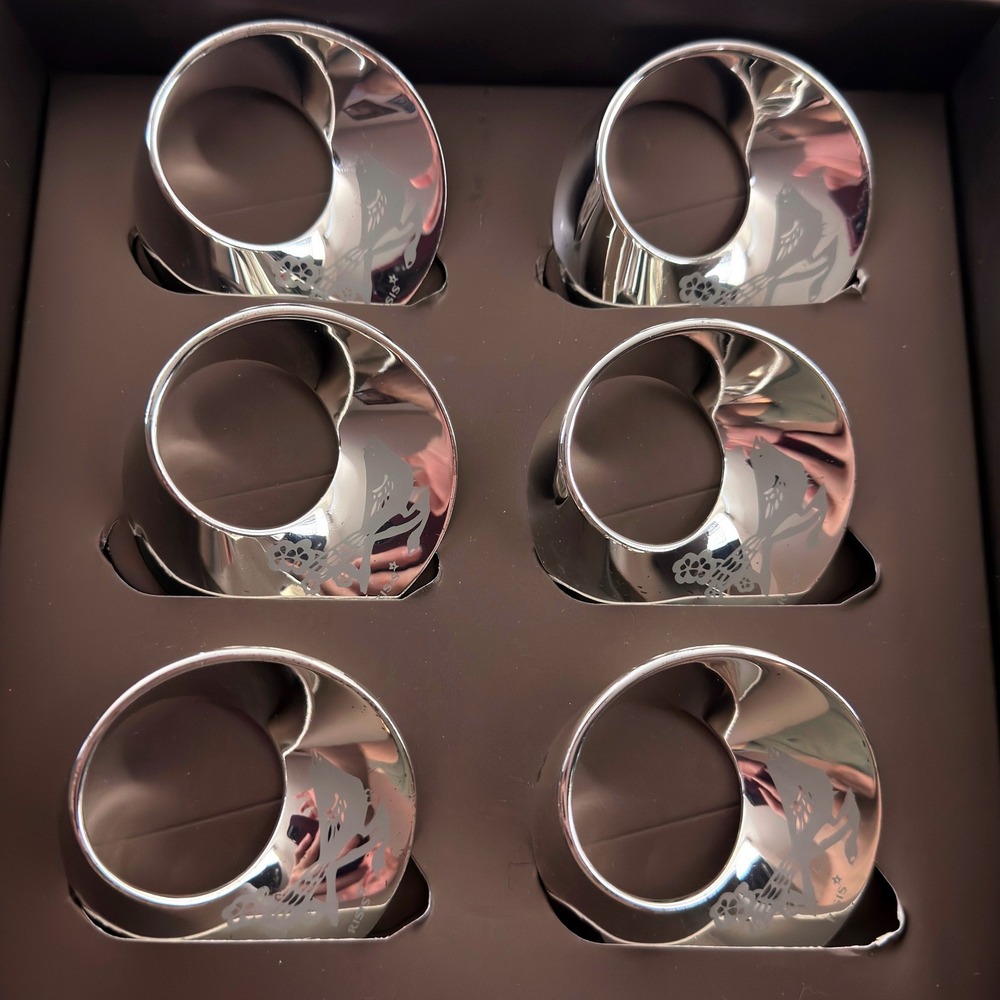 Risis Silver Tone Etched Floral Bird Napkin Rings Set of 6 with Box